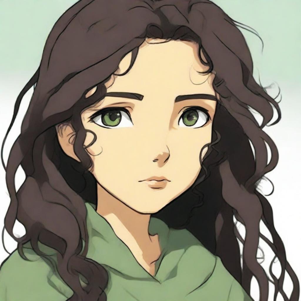 This is a high-quality digital art image, showcasing a girl with hazel brown eyes and long, curly black dark brown hair, crafted in the distinctive style of Studio Ghibli