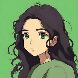 This is a high-quality digital art image, showcasing a girl with hazel brown eyes and long, curly black dark brown hair, crafted in the distinctive style of Studio Ghibli