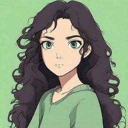 This is a high-quality digital art image, showcasing a girl with hazel brown eyes and long, curly black dark brown hair, crafted in the distinctive style of Studio Ghibli