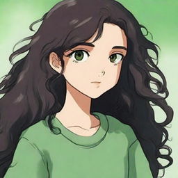 This is a high-quality digital art image, showcasing a girl with hazel brown eyes and long, curly black dark brown hair, crafted in the distinctive style of Studio Ghibli