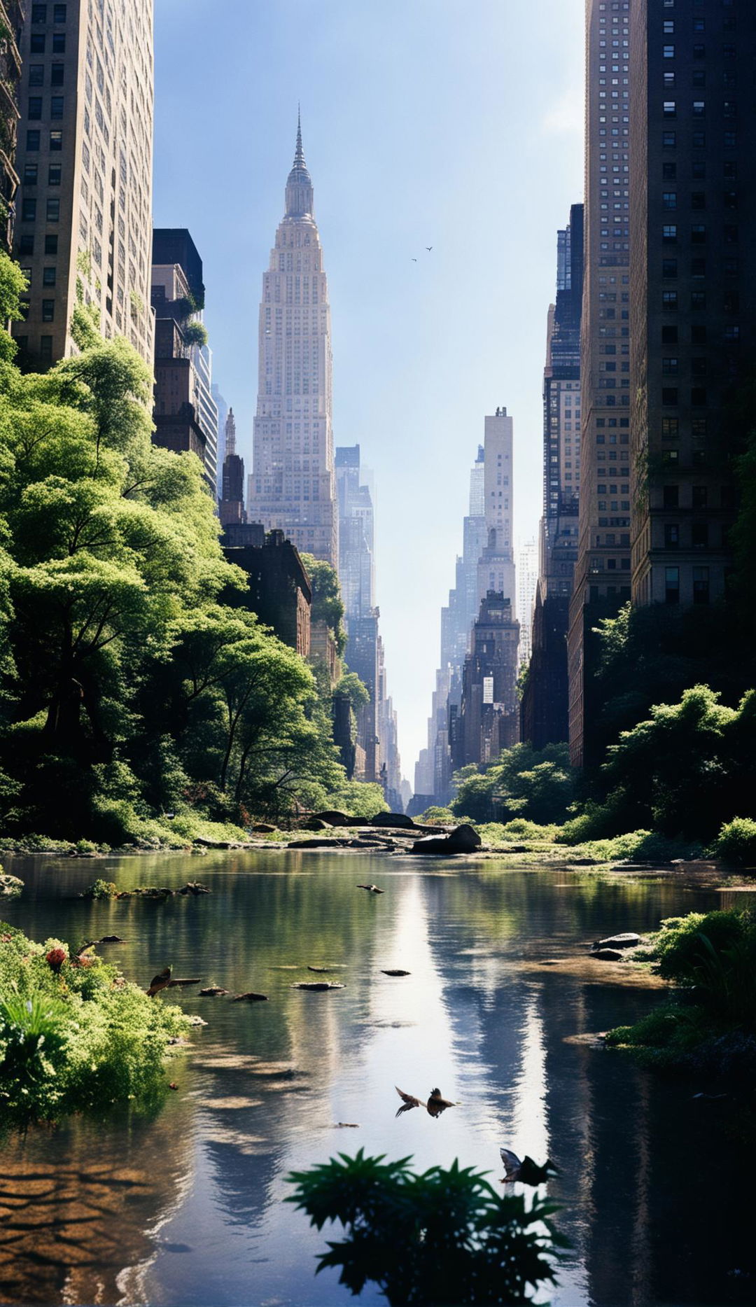 A detailed photograph of New York City reclaimed by nature after 100 years without humans. Iconic landmarks are draped in greenery, streets are carpeted in moss and grass, and Central Park has expanded beyond its borders.