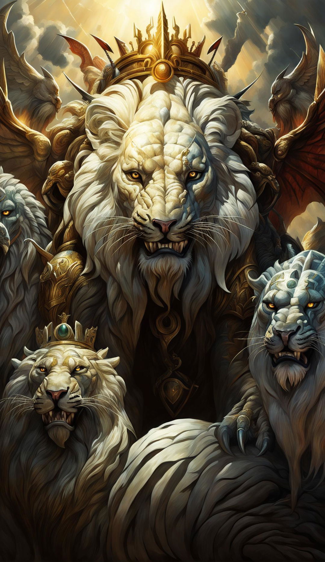 A digital art of a regal chimera with a lion's front, goat's middle, serpent's hindquarters, and large bat-like wings, standing as the king of a chimeran empire under a stormy sky.