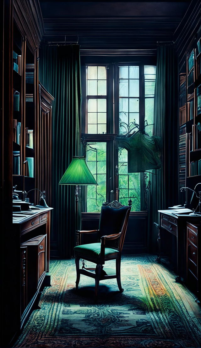 Cinematic photograph of a dark academia study room with towering bookshelves, an ornate desk cluttered with vintage items, and a worn leather armchair.