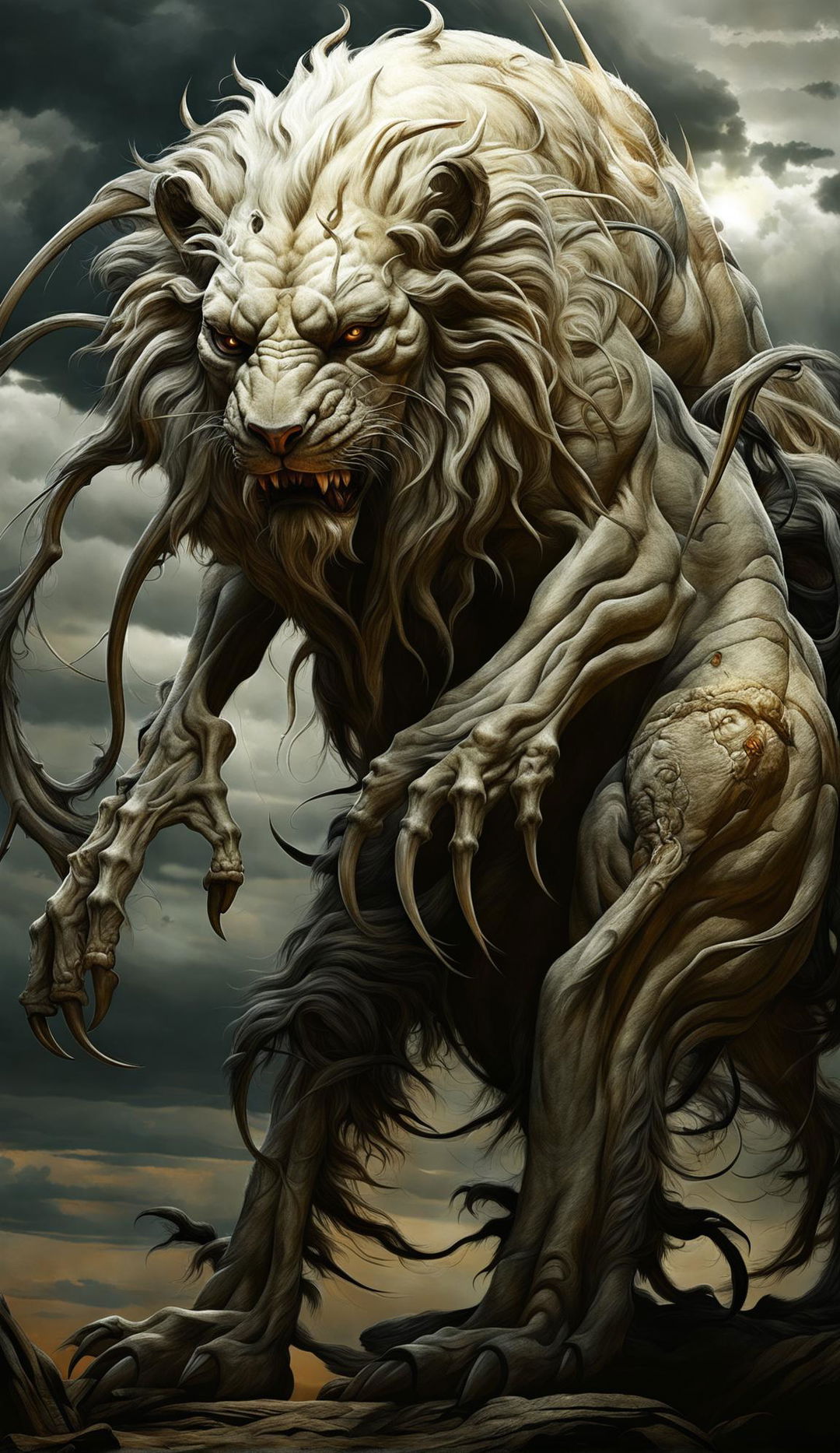 A digital art of a diseased chimera with a lion's front, goat's middle, serpent's hindquarters, and large bat-like wings, suffering from a deadly degenerative chimeran disease, standing in a desolate landscape under a stormy sky.