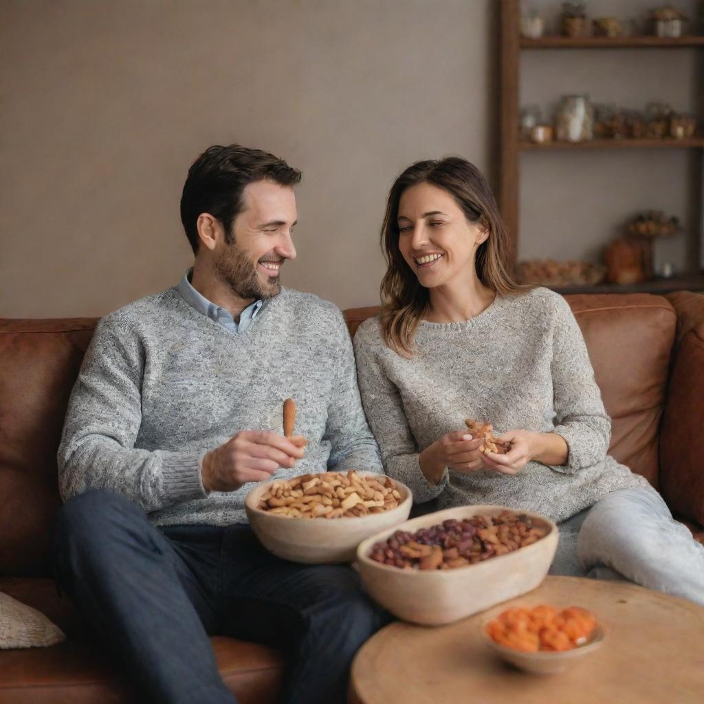 A man and his wife sitting together, enjoying a variety of nuts and dried fruits, in a cozy and warm environment