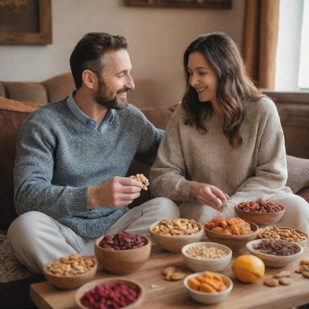 A man and his wife sitting together, enjoying a variety of nuts and dried fruits, in a cozy and warm environment