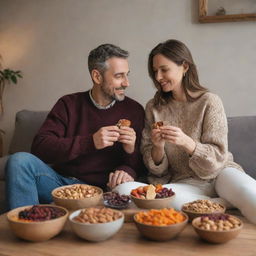 A man and his wife sitting together, enjoying a variety of nuts and dried fruits, in a cozy and warm environment