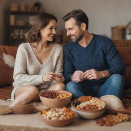 A man and his wife sitting together, enjoying a variety of nuts and dried fruits, in a cozy and warm environment