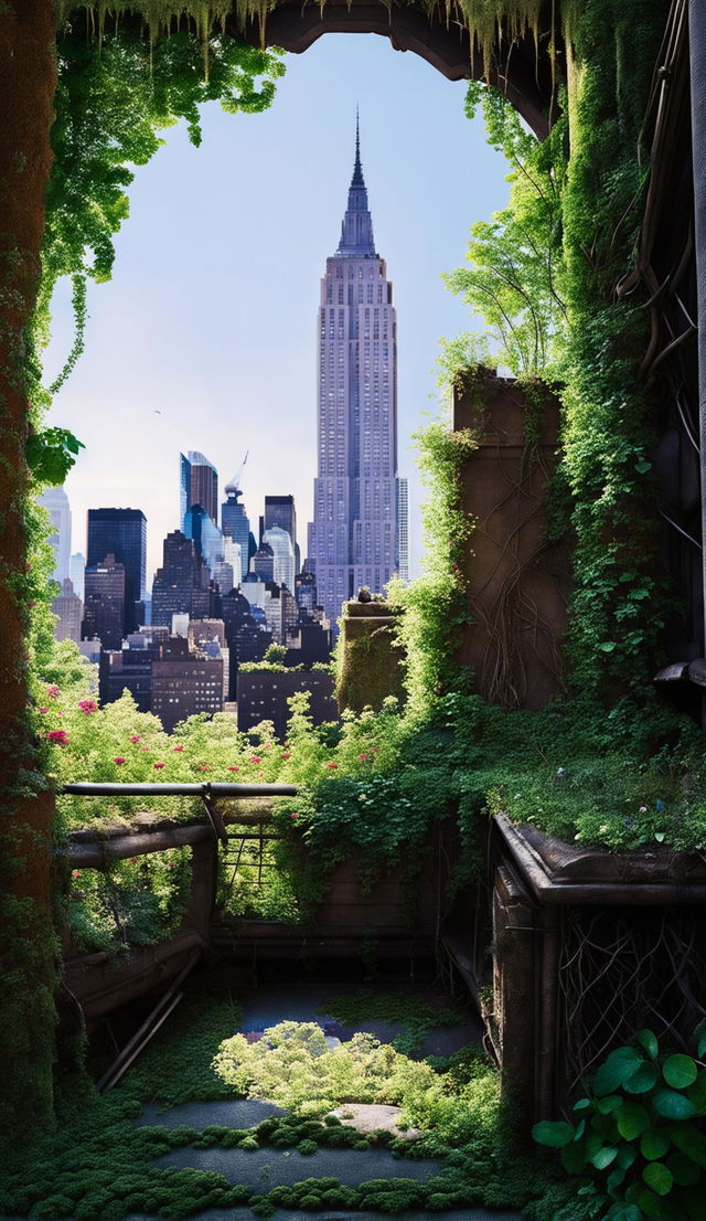 A detailed photograph of the Empire State Building in New York City reclaimed by nature after 100 years without humans. The building is covered in wildflowers, vines, and weeds.