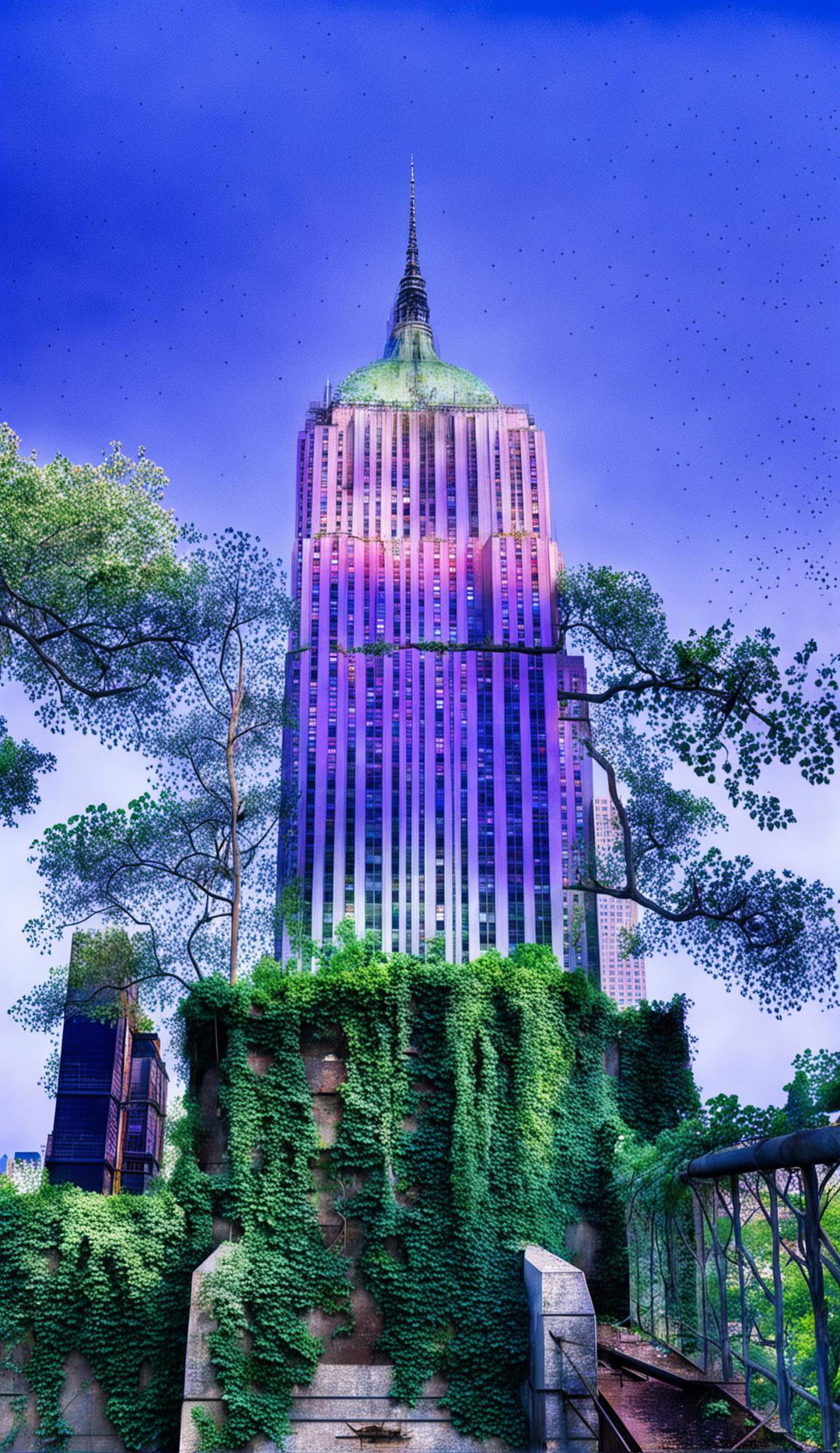 A detailed photograph of the dilapidated Empire State Building in New York City, overgrown with wildflowers after 100 years without humans.