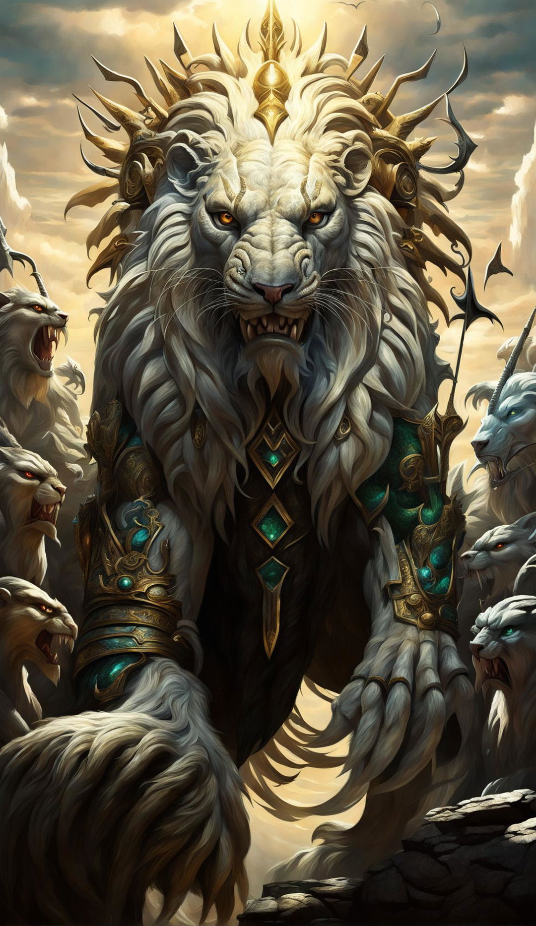 A digital art of a regal chimera with a lion's front, goat's middle, serpent's hindquarters, and large bat-like wings, standing as the king of a chimeran empire under a stormy sky.