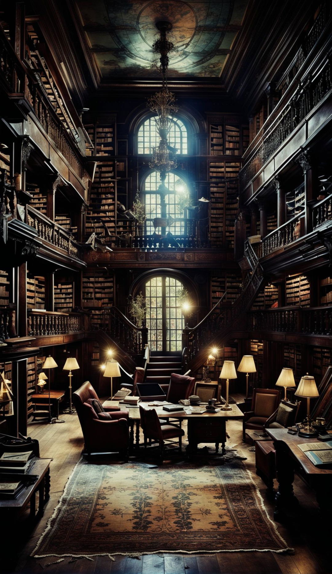 Cinematic photograph of an intricate dark academia library with towering bookshelves, a grand reading table, and a multitude of vintage items.