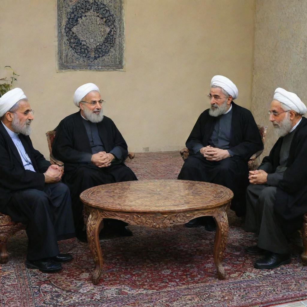 Four Iranian intellectuals sitting around a traditional korsi, engaged in passionate conversation about philosophy.