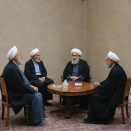 Four Iranian intellectuals sitting around a traditional korsi, engaged in passionate conversation about philosophy.