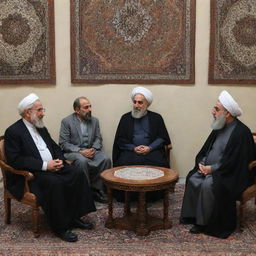 Four Iranian intellectuals sitting around a traditional korsi, engaged in passionate conversation about philosophy.