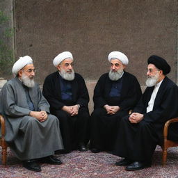 Four Iranian intellectuals sitting around a traditional korsi, engaged in passionate conversation about philosophy.