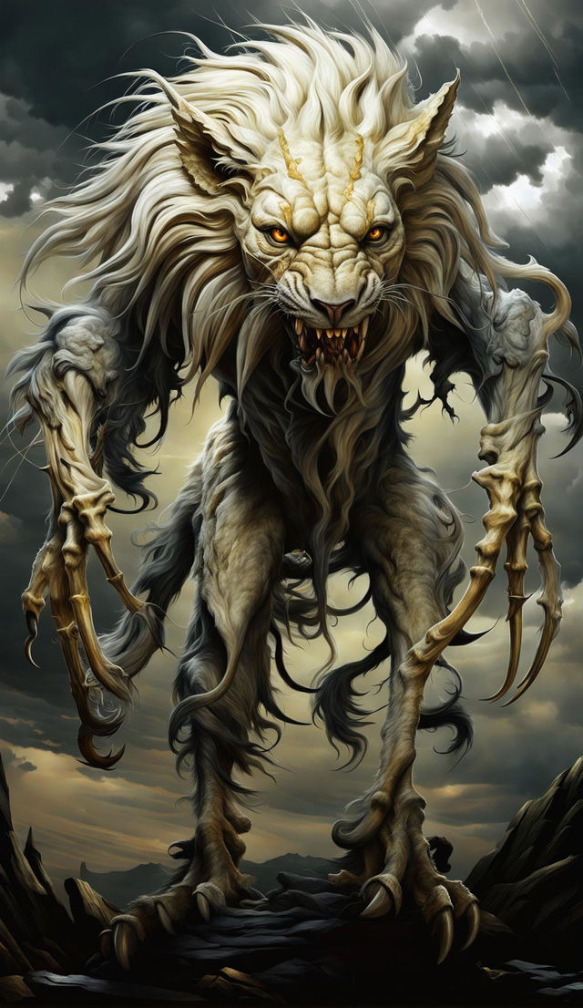 A digital art of a diseased chimera with a lion's front, goat's middle, serpent's hindquarters, and large bat-like wings, suffering from a deadly degenerative chimeran disease, standing in a desolate landscape under a stormy sky.