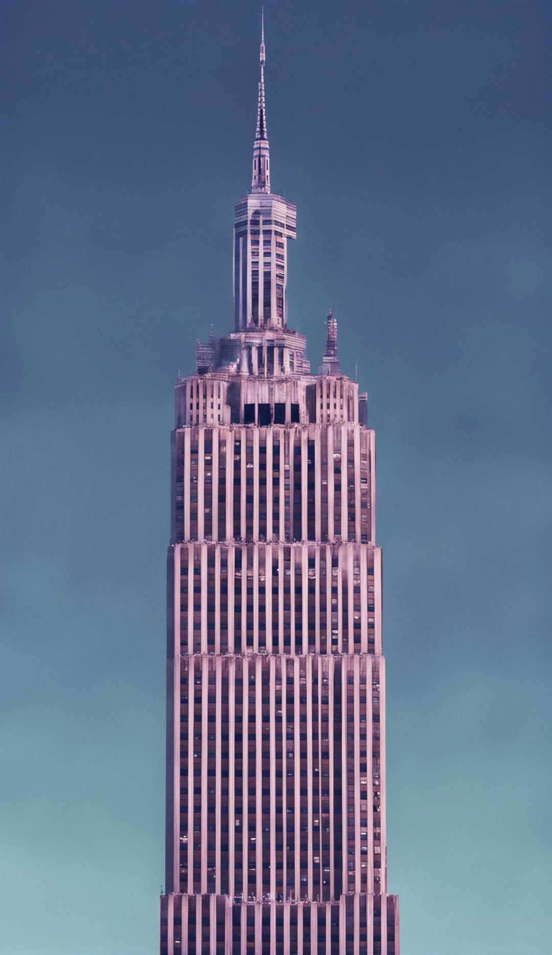 A detailed photograph of the dilapidated Empire State Building in New York City, crumbling and showing signs of decay.