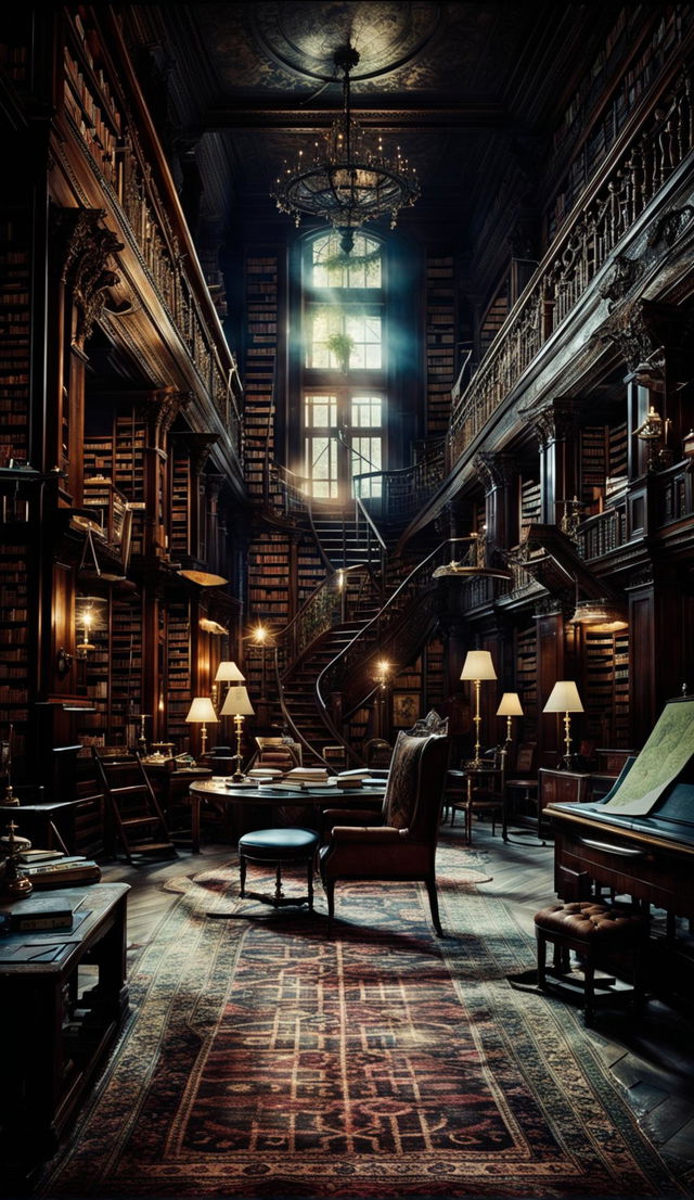 Cinematic photograph of a meticulously organized dark academia library with neatly arranged bookshelves, a grand reading table, and carefully placed vintage items.