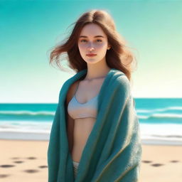 An image of a young woman, precisely 18 years old, with brown hair, draped in a damp towel