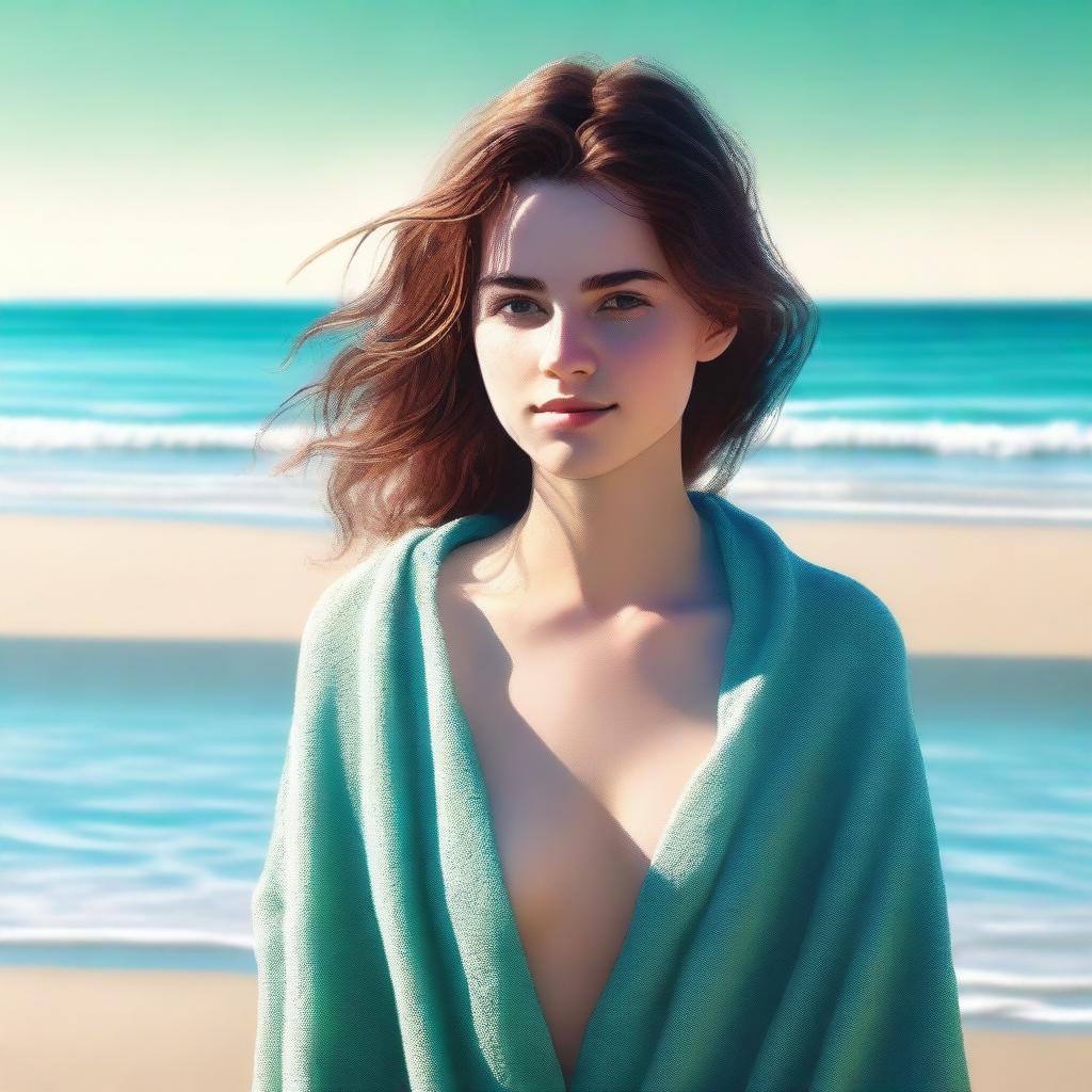 An image of a young woman, precisely 18 years old, with brown hair, draped in a damp towel