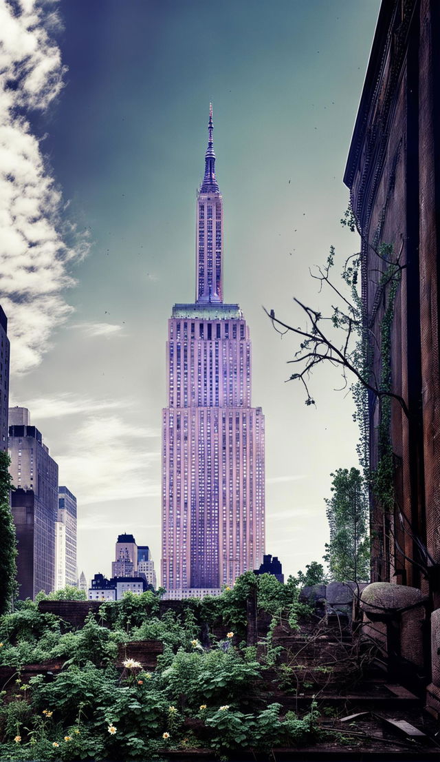 A detailed photograph of the Empire State Building in New York City, standing as a thousand-year-old ruin, overgrown with wildflowers, vines, and weeds.