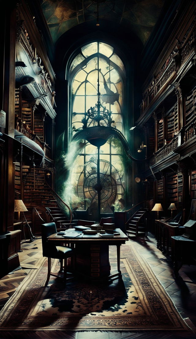 Cinematic photograph of a fantastical dark academia library dream world with ethereal bookshelves, a grand reading table, and magical vintage items.