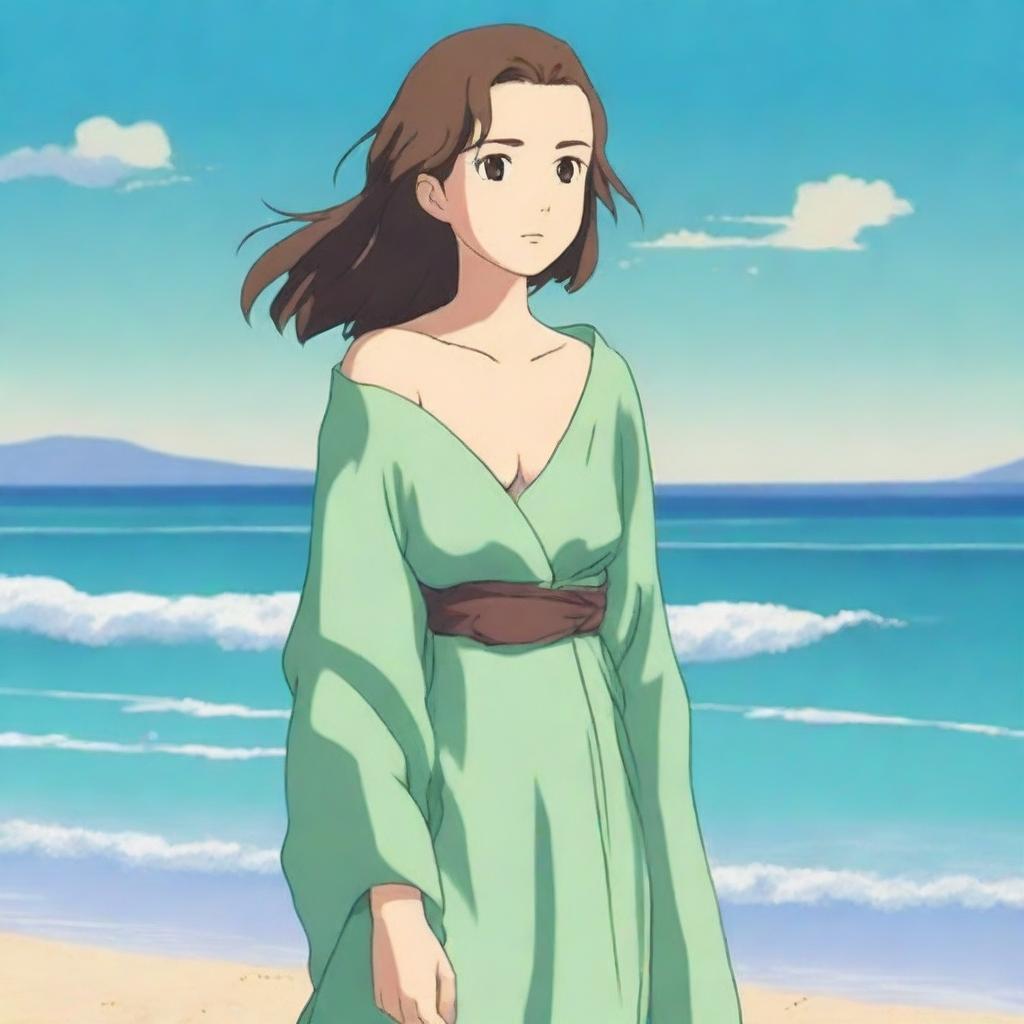 An anime-style digital art image featuring a young woman of 18 years old with brown hair