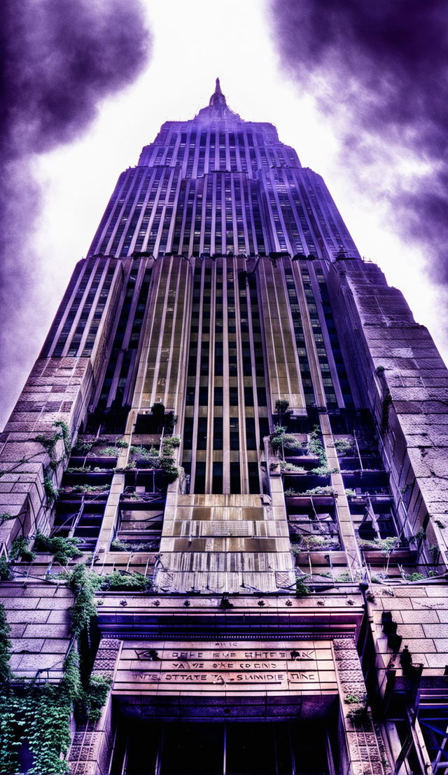 A close-up photograph of the Empire State Building as a haunting ruin with weathered facade, broken windows, overgrown entrance and jagged spire against an overcast sky.