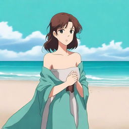 An anime-style digital art image featuring a young woman of 18 years old with brown hair