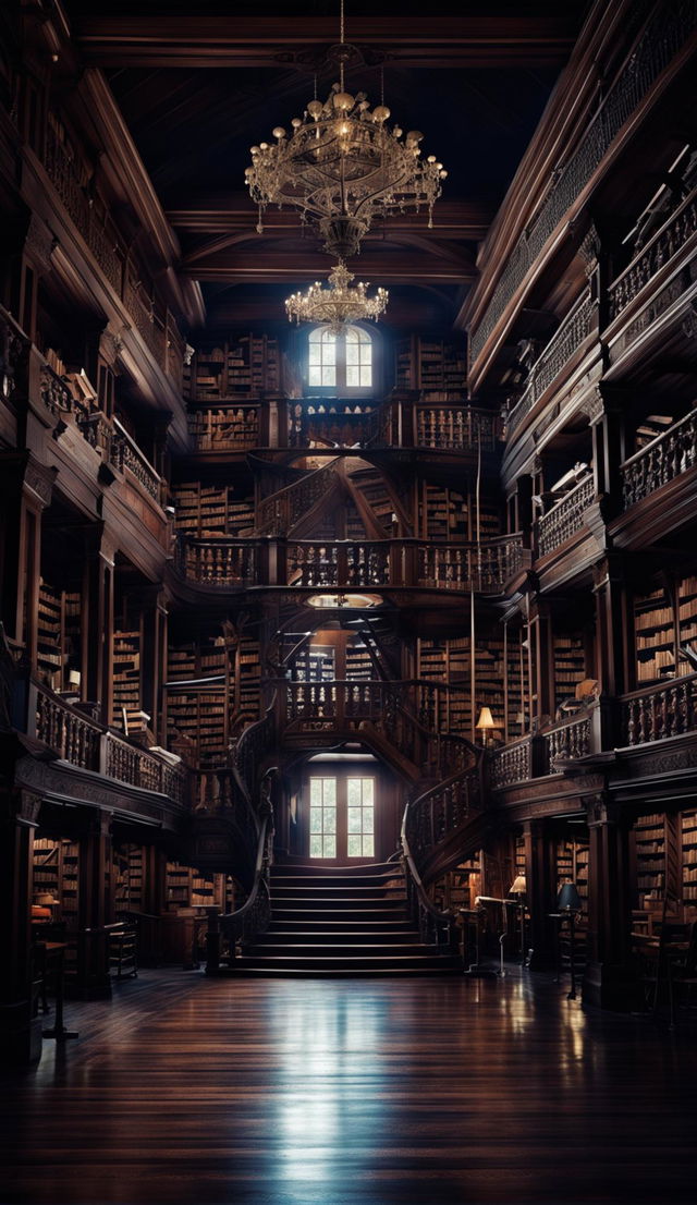 A grand, dark academia library in a fantasy world, filled with towering mahogany bookshelves laden with ancient books. Dimly lit by antique chandeliers, the library exudes an atmosphere of tranquility and order.