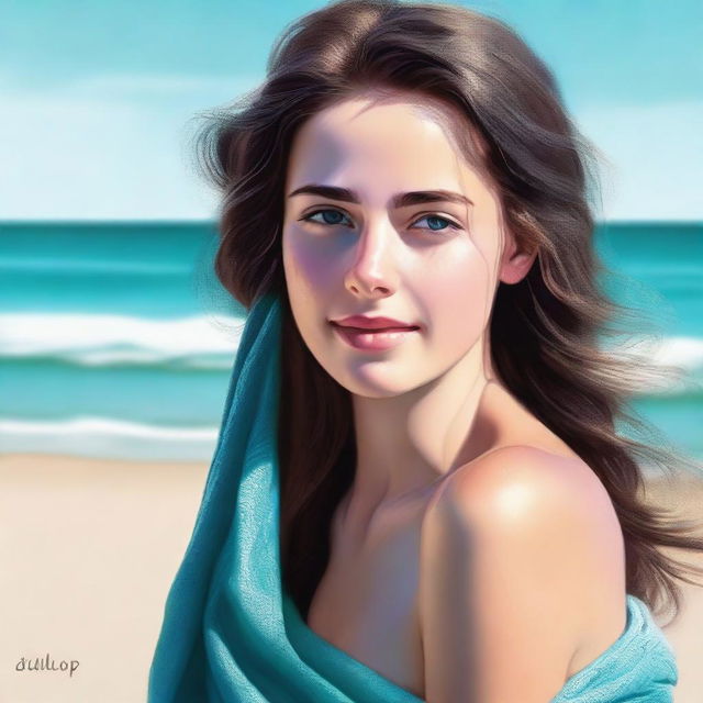 This is a high-quality, realistic digital art image featuring an 18-year-old girl with brown hair, draped in a wet towel on a sandy beach