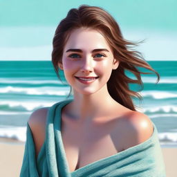 This is a high-quality, realistic digital art image featuring an 18-year-old girl with brown hair, draped in a wet towel on a sandy beach