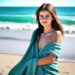 This is a high-quality, realistic digital art image featuring an 18-year-old girl with brown hair, draped in a wet towel on a sandy beach