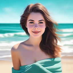 This is a high-quality, realistic digital art image featuring an 18-year-old girl with brown hair, draped in a wet towel on a sandy beach