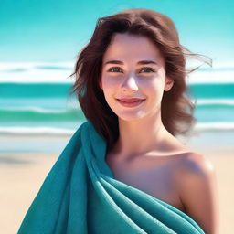 This is a high-quality, realistic digital art image featuring an 18-year-old girl with brown hair, draped in a wet towel on a sandy beach