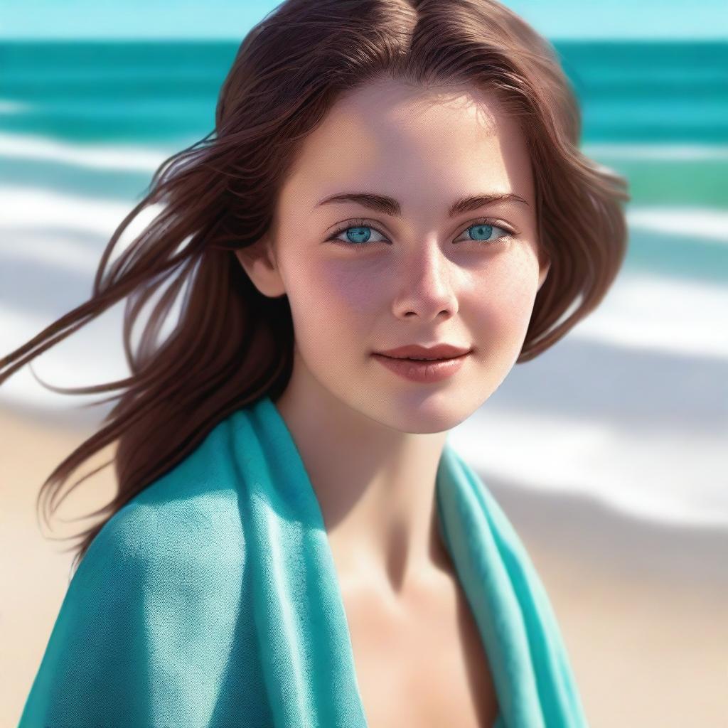 This is a high-quality, realistic digital art image featuring an 18-year-old girl with brown hair, draped in a wet towel on a sandy beach