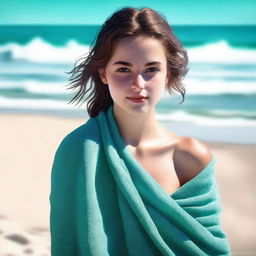 This is a high-quality, realistic digital art image featuring an 18-year-old girl with brown hair, draped in a wet towel on a sandy beach