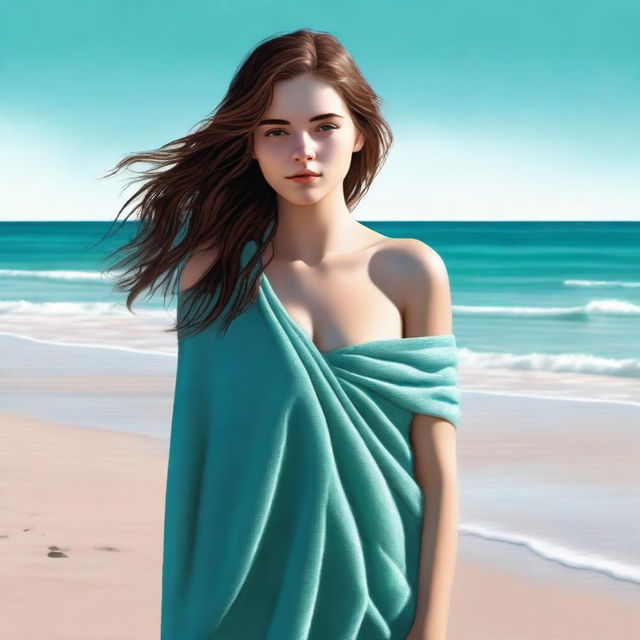 A high-quality digital art image showcases an 18-year-old girl with brown hair on a sandy beach