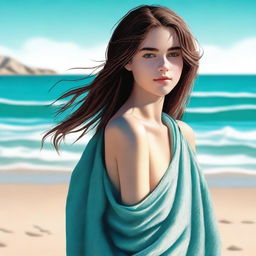 A high-quality digital art image showcases an 18-year-old girl with brown hair on a sandy beach