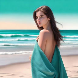 A high-quality digital art image showcases an 18-year-old girl with brown hair on a sandy beach