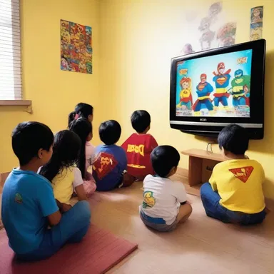 The children gathered around the TV, visualising themselves as superheroes while watching their favorite cartoon show.