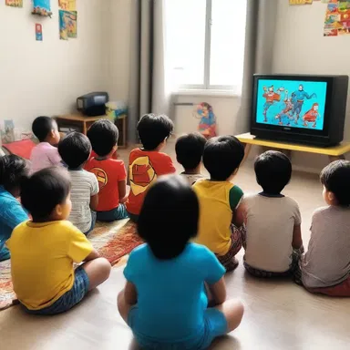 The children gathered around the TV, visualising themselves as superheroes while watching their favorite cartoon show.
