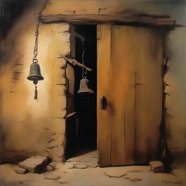 The artist depicted a mysterious night bell hanging by a rustic door, adding an element of intrigue to the painting.