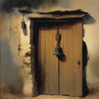 The artist depicted a mysterious night bell hanging by a rustic door, adding an element of intrigue to the painting.