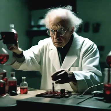 The horror movie depicted a mad scientist conducting dangerous synthesis experiments in his dark laboratory.