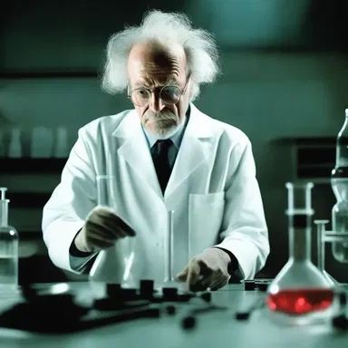 The horror movie depicted a mad scientist conducting dangerous synthesis experiments in his dark laboratory.