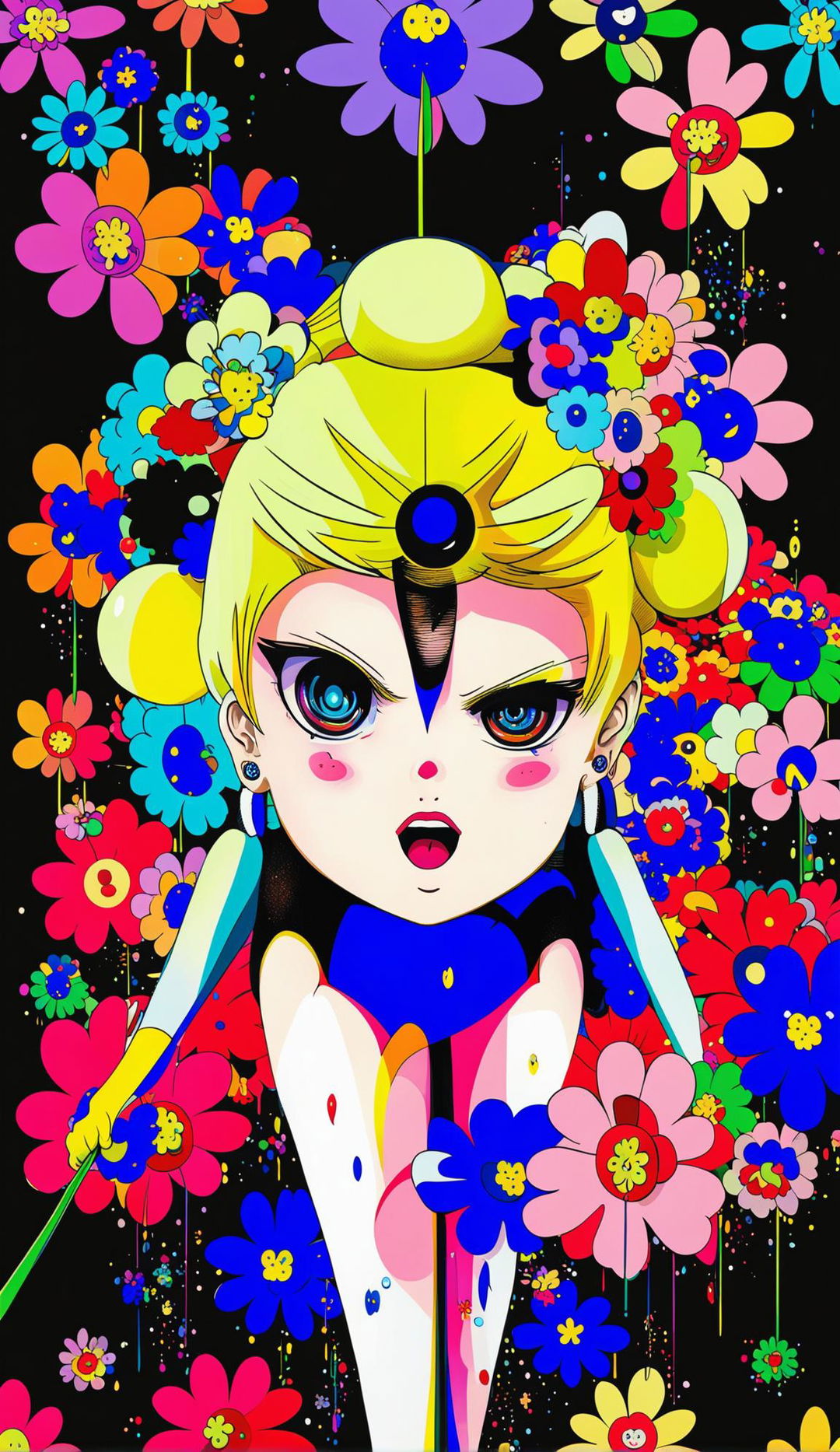 A vibrant digital artwork featuring Sailor Moon in Takashi Murakami's style, surrounded by his signature colorful flowers against a psychedelic background.