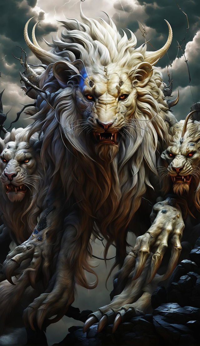 A digital art of a diseased chimera king with a lion's front, goat's middle, serpent's hindquarters, and large bat-like wings, suffering from a deadly degenerative chimeran disease, standing in the heart of its chimeran empire under a stormy sky.