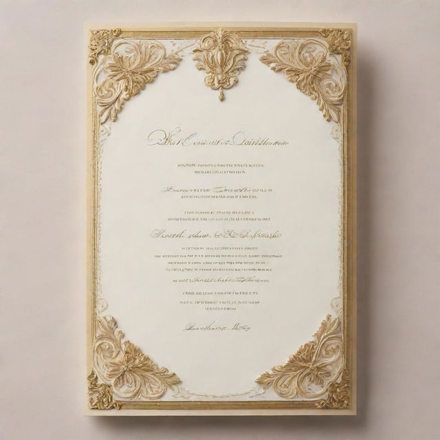 An elegantly designed invitation letter with embossed lettering, a luxurious gold border, and ornate detailing on premium cardstock. The color scheme is a refined blend of cream and gold.